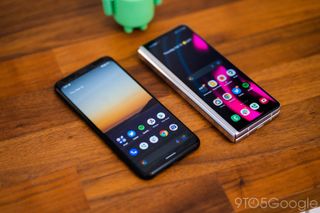 A Google Pixel 4 XL running on Android 13 next to a Samsung Galaxy Z Fold 3, showing the Android 13's normal phone-sized interface