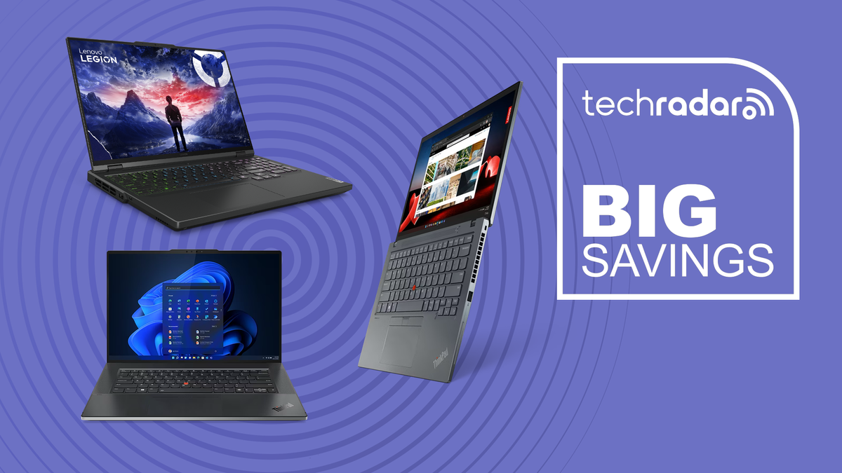 Three Lenovo laptops next to the TechRadar logo and white text that says Big Savings