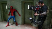 Set photos from Spider-Man: Brand New Day showing crew filming with an Alexa 265 and a custom Panavision lens