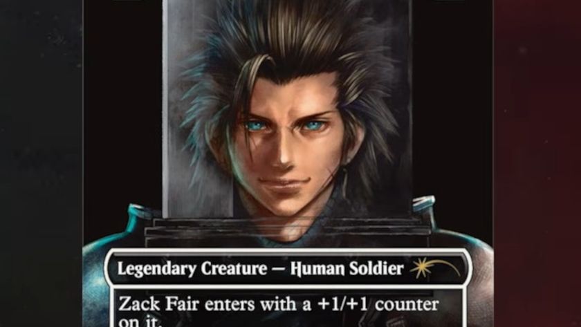 A blue-eyed man stares into the foreground, with 'Legendary Creature - Human Soldier' written beneath