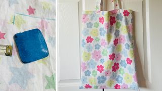 How to make a tote bag; a piece of fabric, chalk and a tote bag hanging on a door