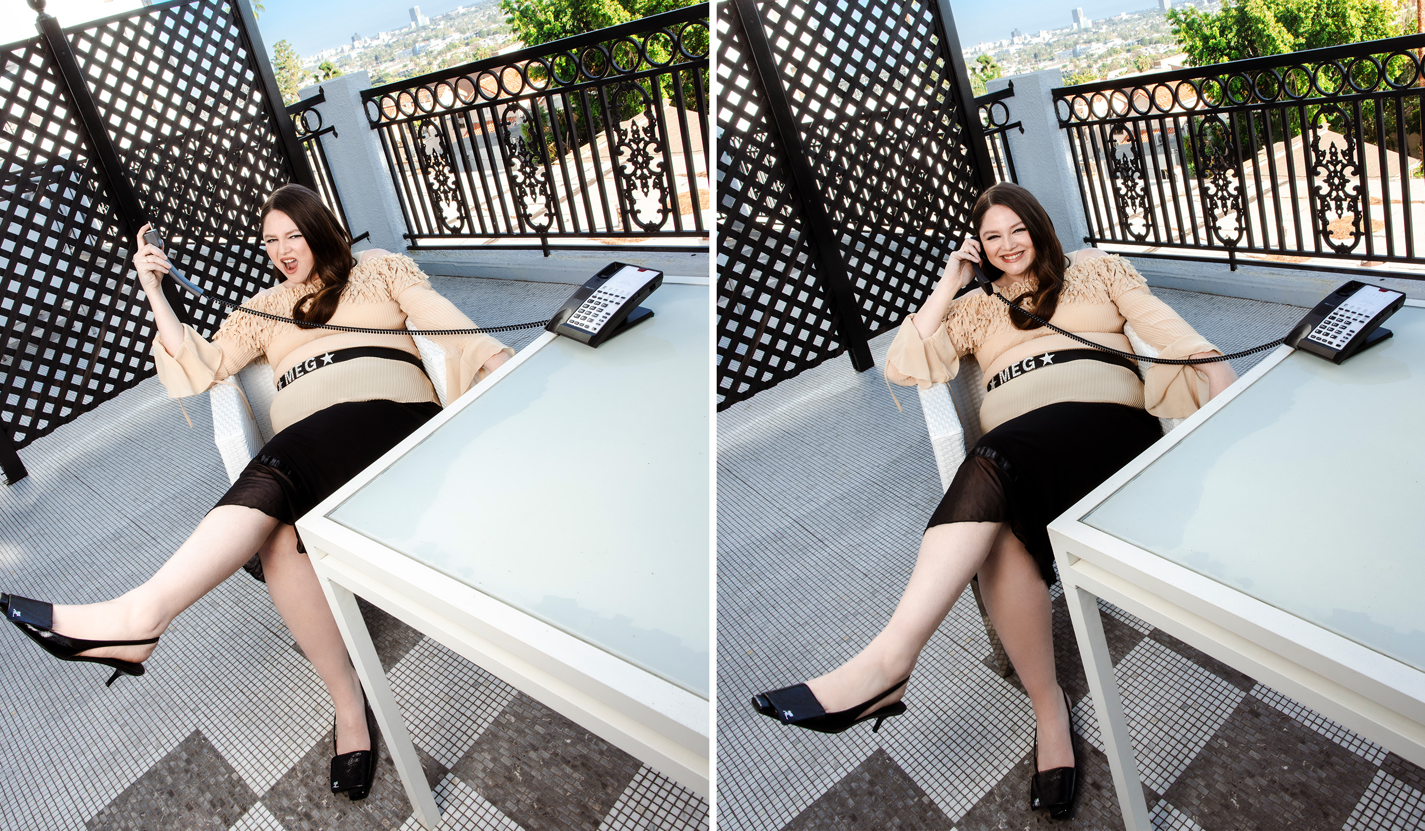 actress Meg Stalter sitting on a balcony answering a cord phone on a table wearing a beige off the shoulder sweater black skirt and sling back heels