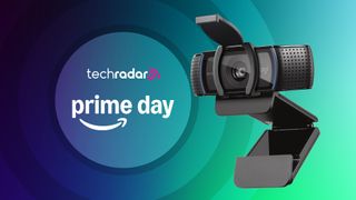 A Logitech webcam on a TechRadar Prime Day deals banner with a blue and green background.