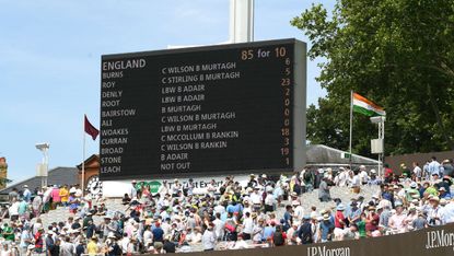 The scoreboard shows England’s first innings total of 85 against Ireland at Lord’s 