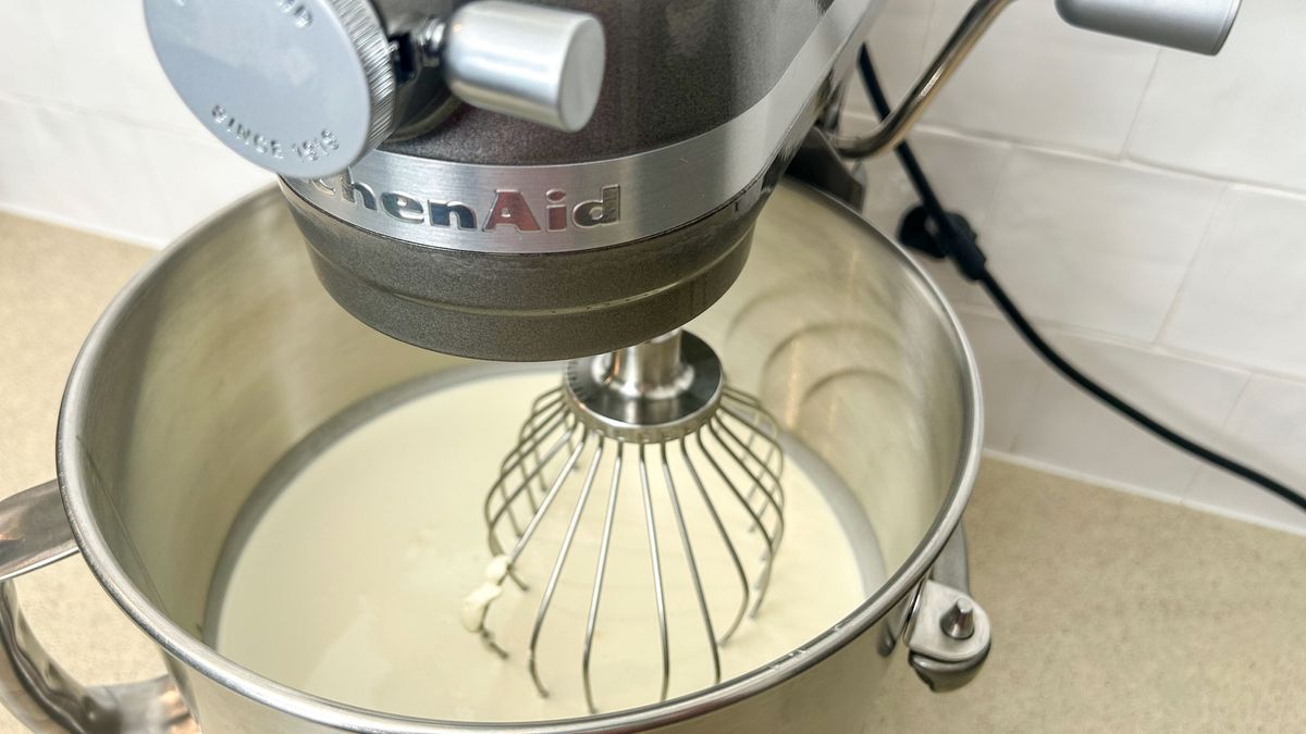 Heavy cream before beating it in the Cake baked in the KitchenAid 7-Quart Stand Mixer