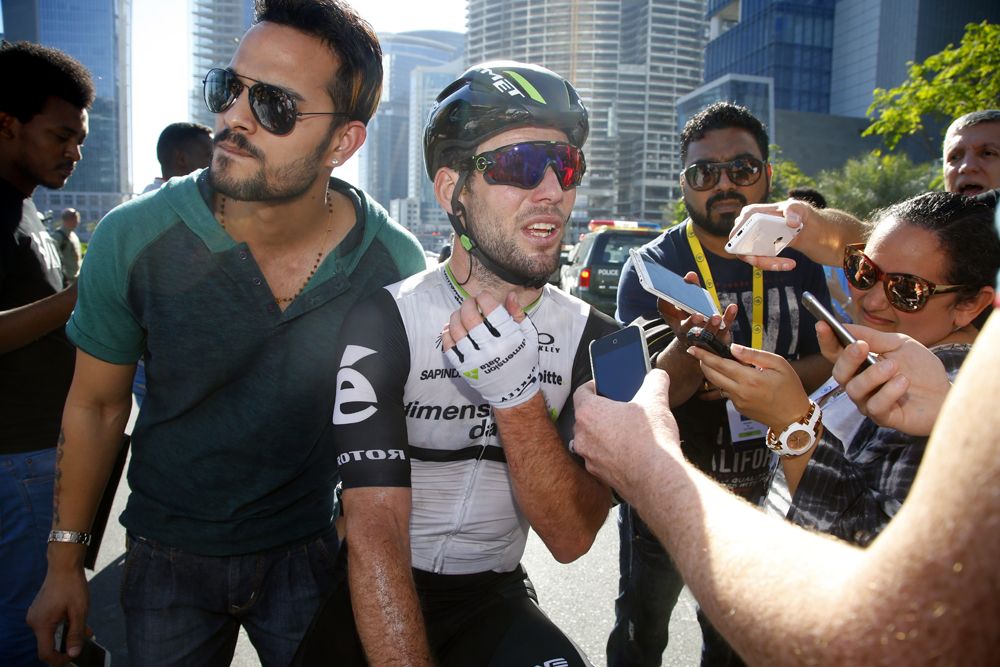 Mark Cavendish talks to the media after the stage