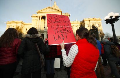 A rally by teachers outside the State Capitol late Wednesday, Jan. 30, 2019, in Denver.