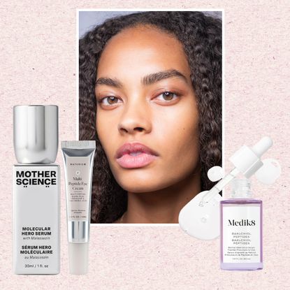 a person with curly hair and perfect skin framed next to three retinol alternative skincare products