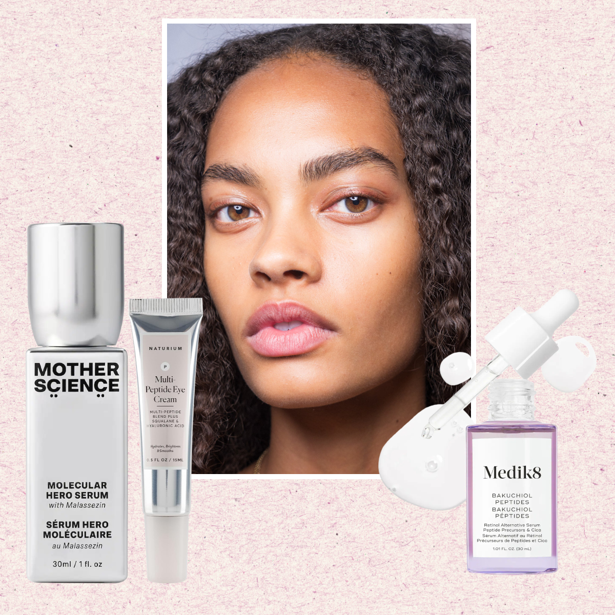 a person with curly hair and perfect skin framed next to three retinol alternative skincare products