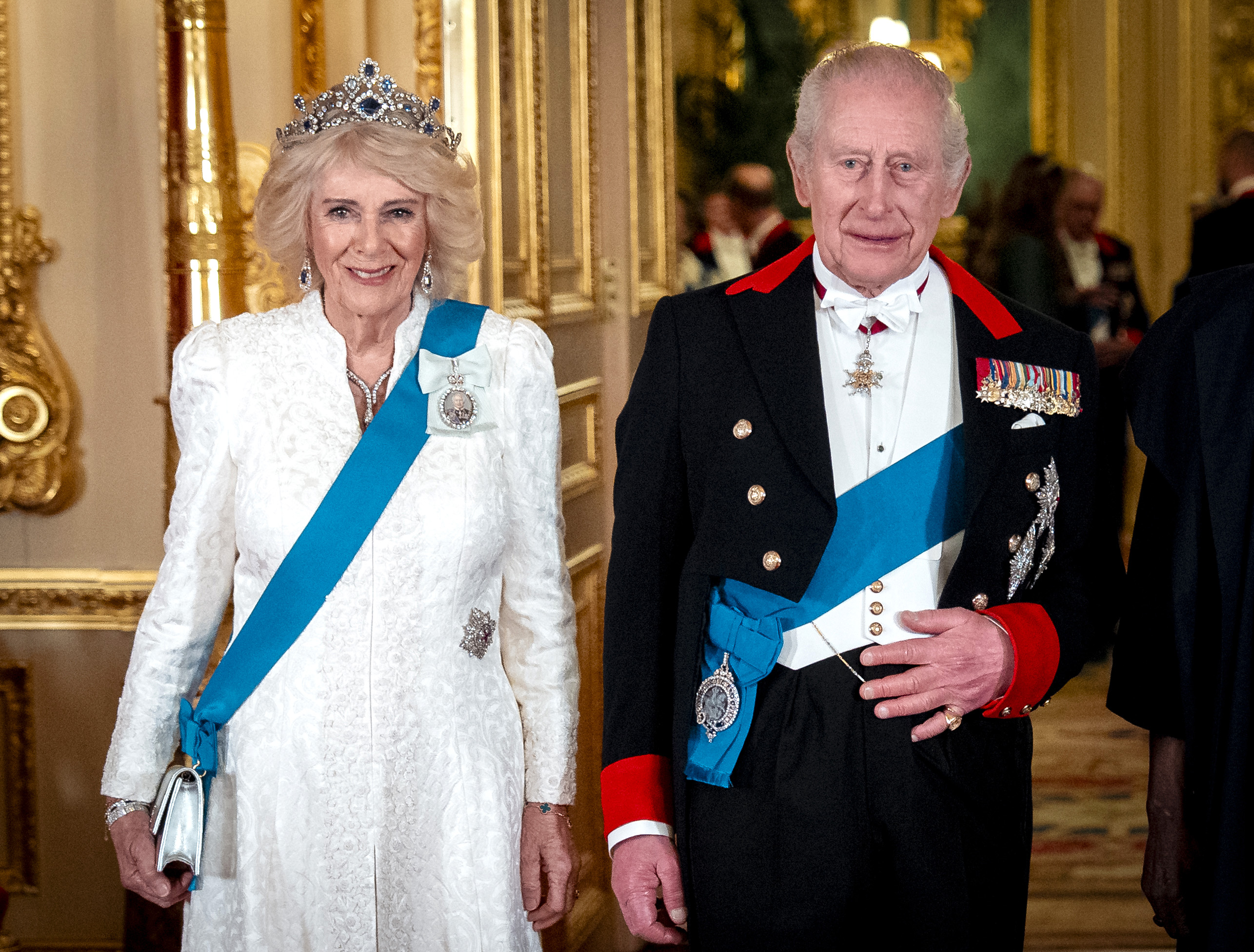 Queen Camilla and King Charles in formalwear at the Nigerian state banquet