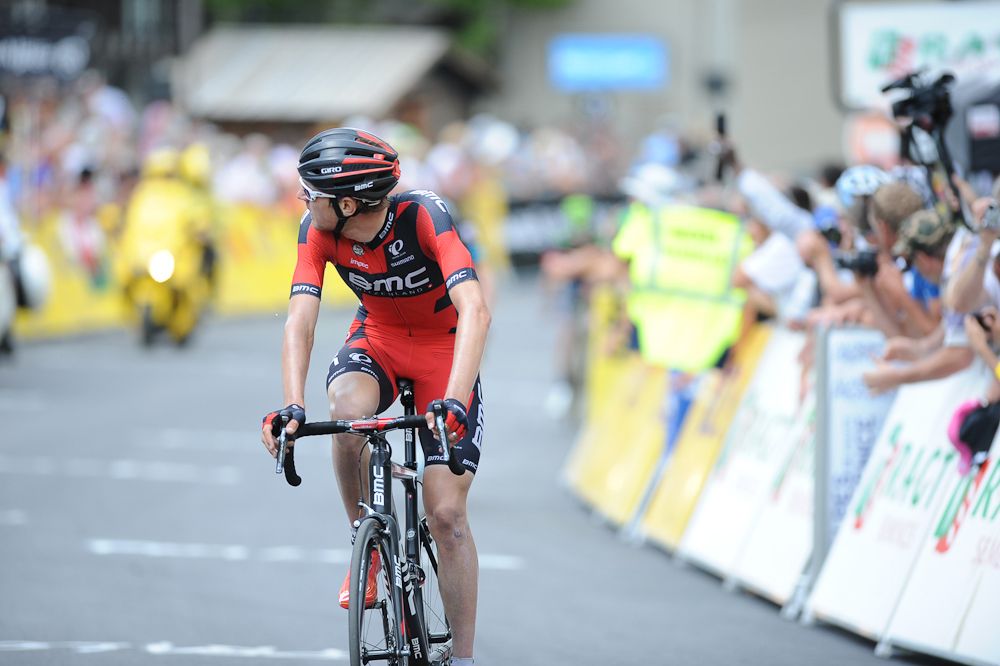 Tejay van Garderen checks the time gaps behind during stage 5 at the Criterium du Dauphine.