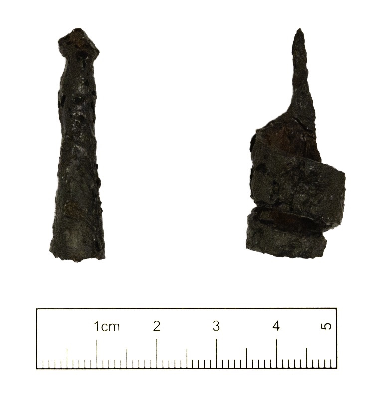 A socketed bolt head (left) and an ox goad (right).