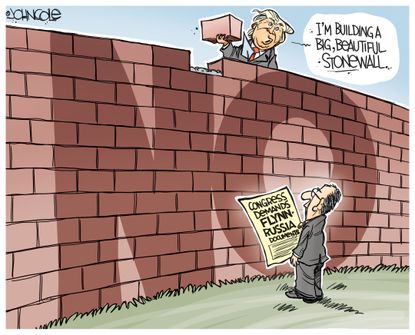 Political Cartoon U.S. President Trump Mexico border wall Michael Flynn Russia documents