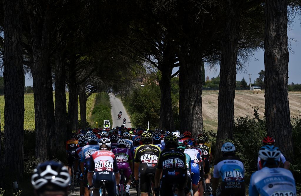 The pack rides through the countryside during the oneday classic cycling race Strade Bianche White Roads on August 1 2020 around Siena Tuscany Photo by Marco BERTORELLO AFP Photo by MARCO BERTORELLOAFP via Getty Images