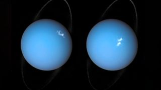 Two images of Uranus side-by-side. The blue planet appears to have a white cloud in the atmosphere and is surrounded by a thin ring system.