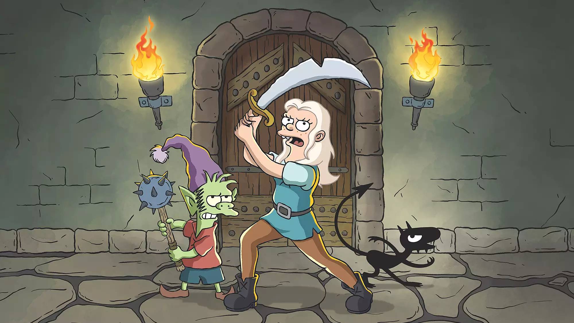 ein Bild von Disenchantment auf Netflix, das die Kernbesetzung zeigt