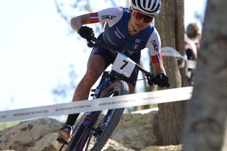 French Loana Lecomte competes in the womens Elite Cross Country mountain biking test event at Elancourt Hill in Elancourt west of Paris on September 24 2023 Photo by Thomas SAMSON AFP Photo by THOMAS SAMSONAFP via Getty Images