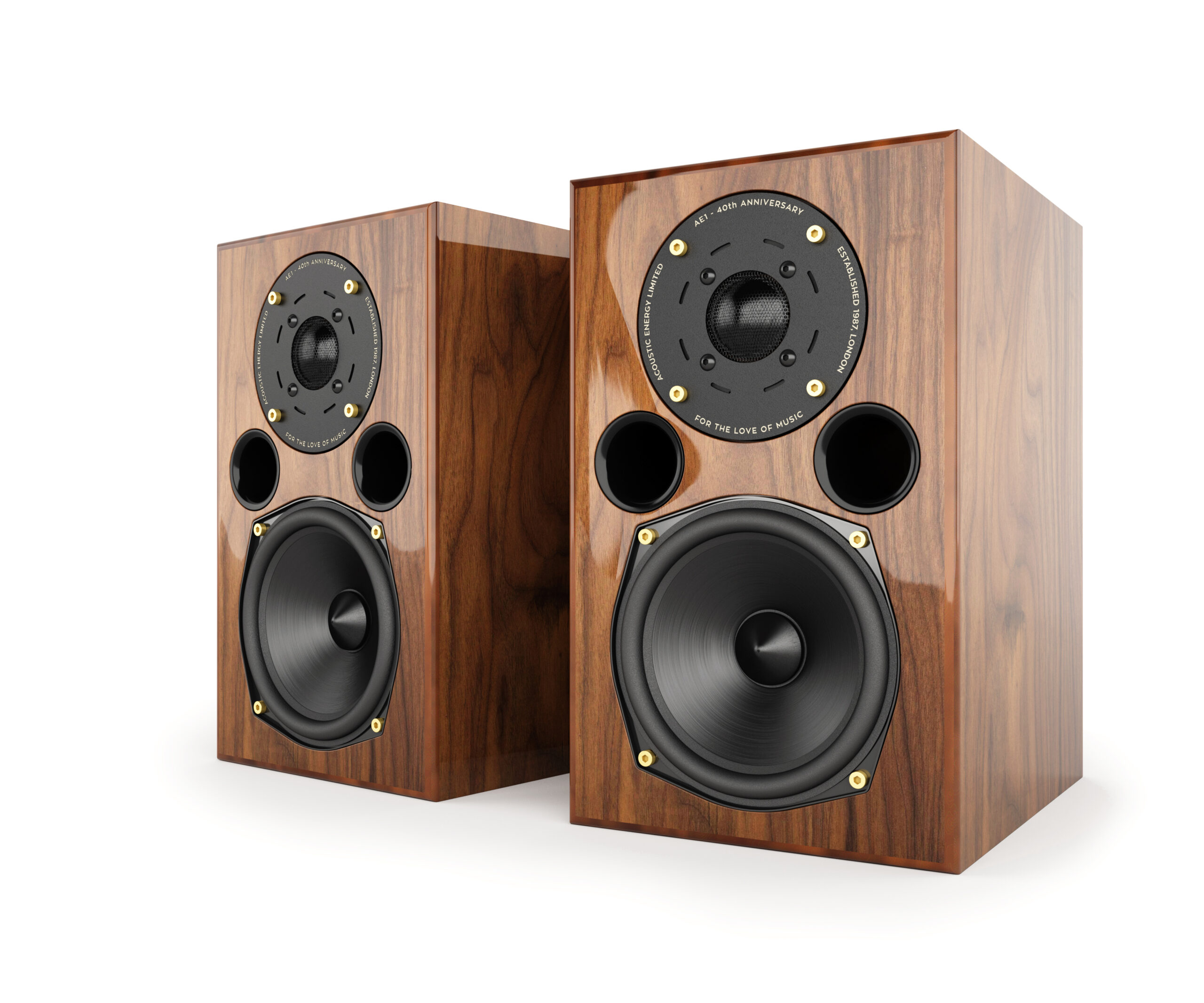 AE1 40th Anniversary walnut speakers on a white background