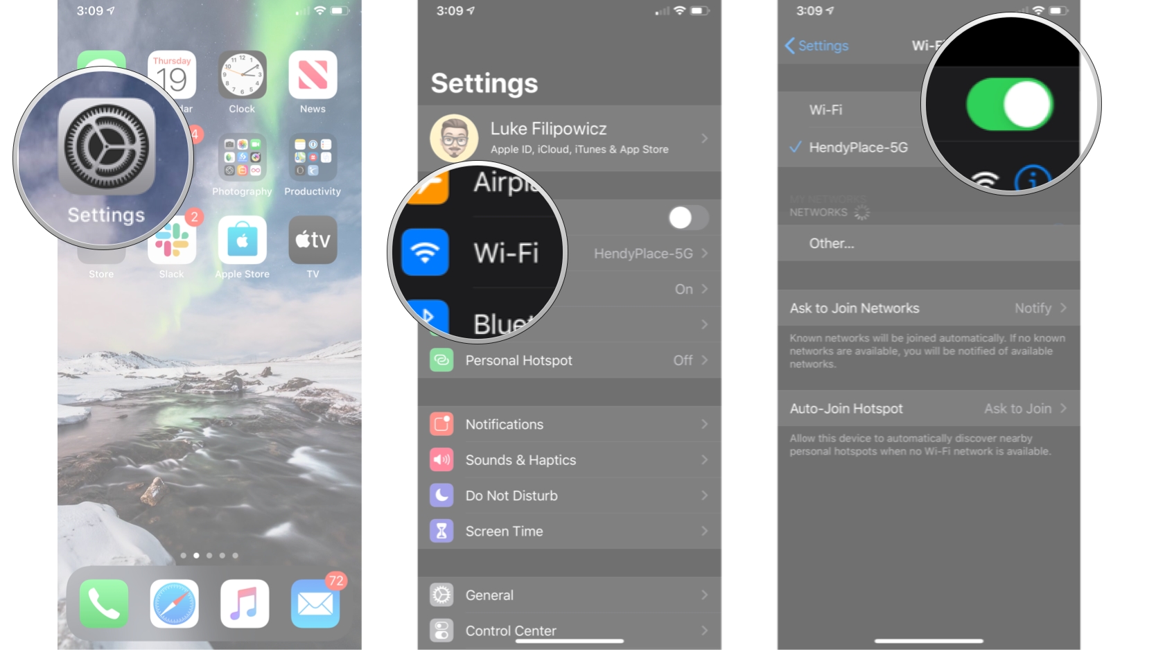 Launch Settings form your home screen, tap Wi-Fi, and then tap the Wi-Fi on/off switch.