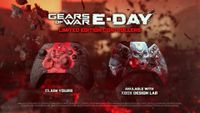 Two Gears of War E-Day limited edition Xbox controllers are displayed against a dark, fiery background with text promoting their availability.