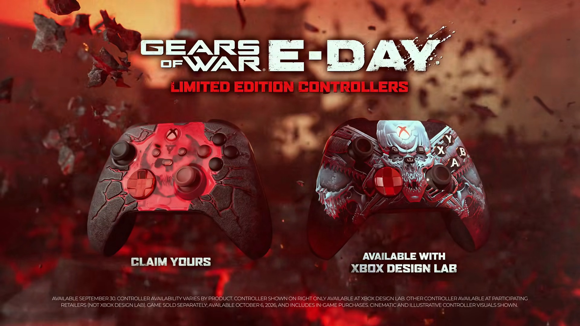 Two Gears of War E-Day limited edition Xbox controllers are displayed against a dark, fiery background with text promoting their availability.