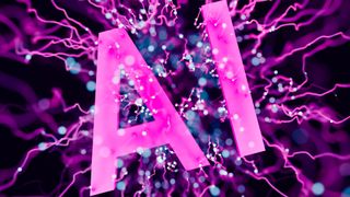 Big letters AI in pink in front of pink and blue strands of light suggesting a digital explosion
