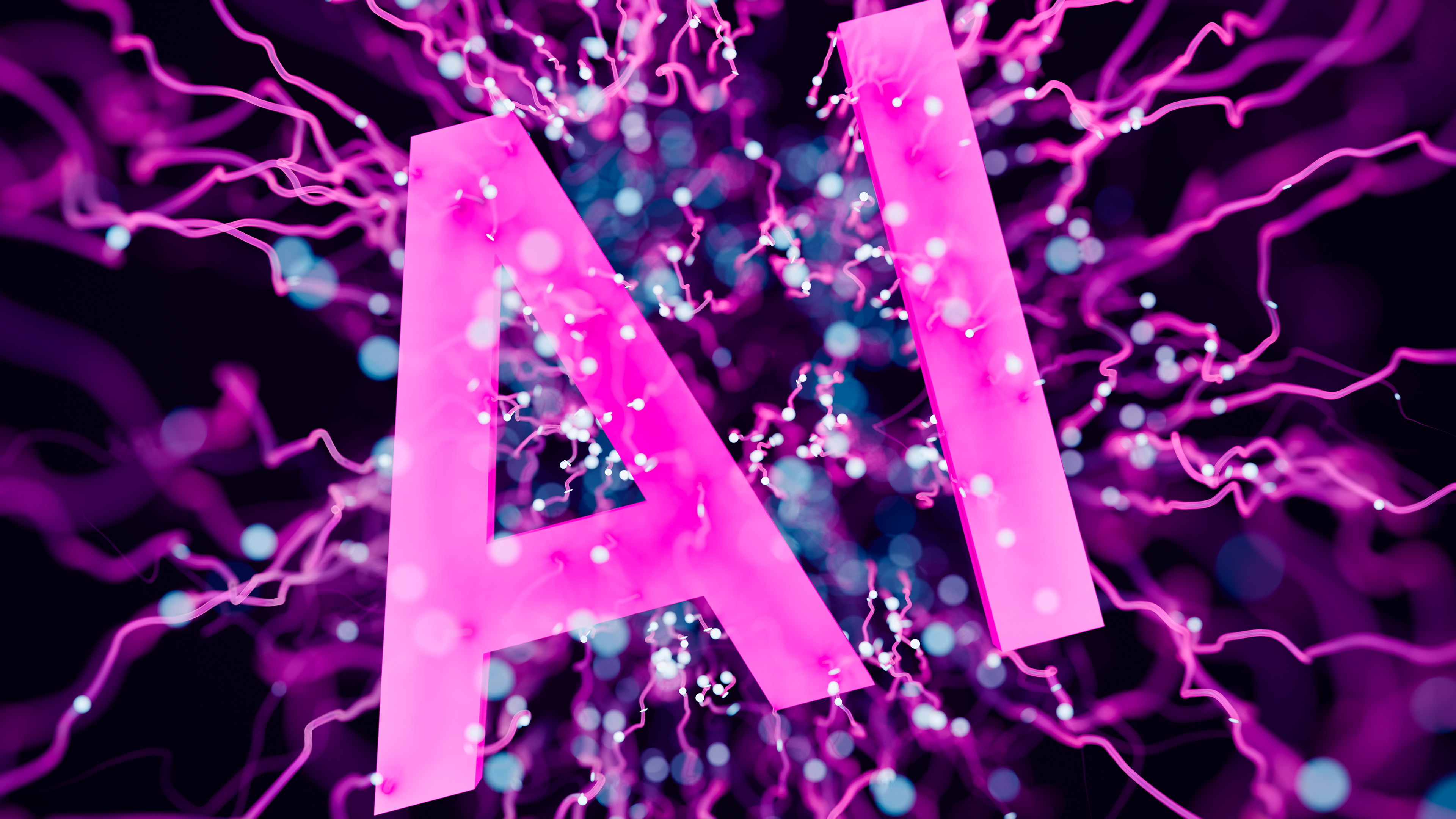 Big letters AI in pink in front of pink and blue strands of light suggesting a digital explosion