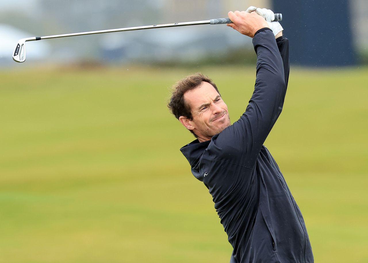 Andy Murray plays a shot on The Old Course prior to the Alfred Dunhill Links Championship 2025 at The Old Course
