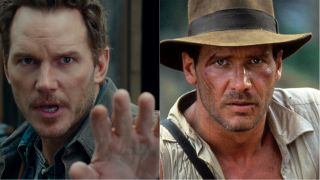 Chris Pratt in Jurassic World and Harrison Ford as Indiana Jones
