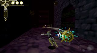 A grey figure jumps and fights an enemy from indie platformer pseudoregalia