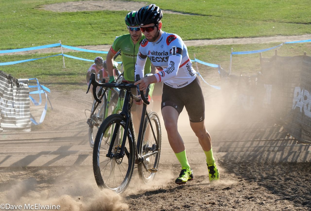 Tobin Ortenblad (Santa Cruz-Donkey Label) leading Curtis White (Cannondale) late in the first lap of Day 2 of the Gran Prix of Gloucester