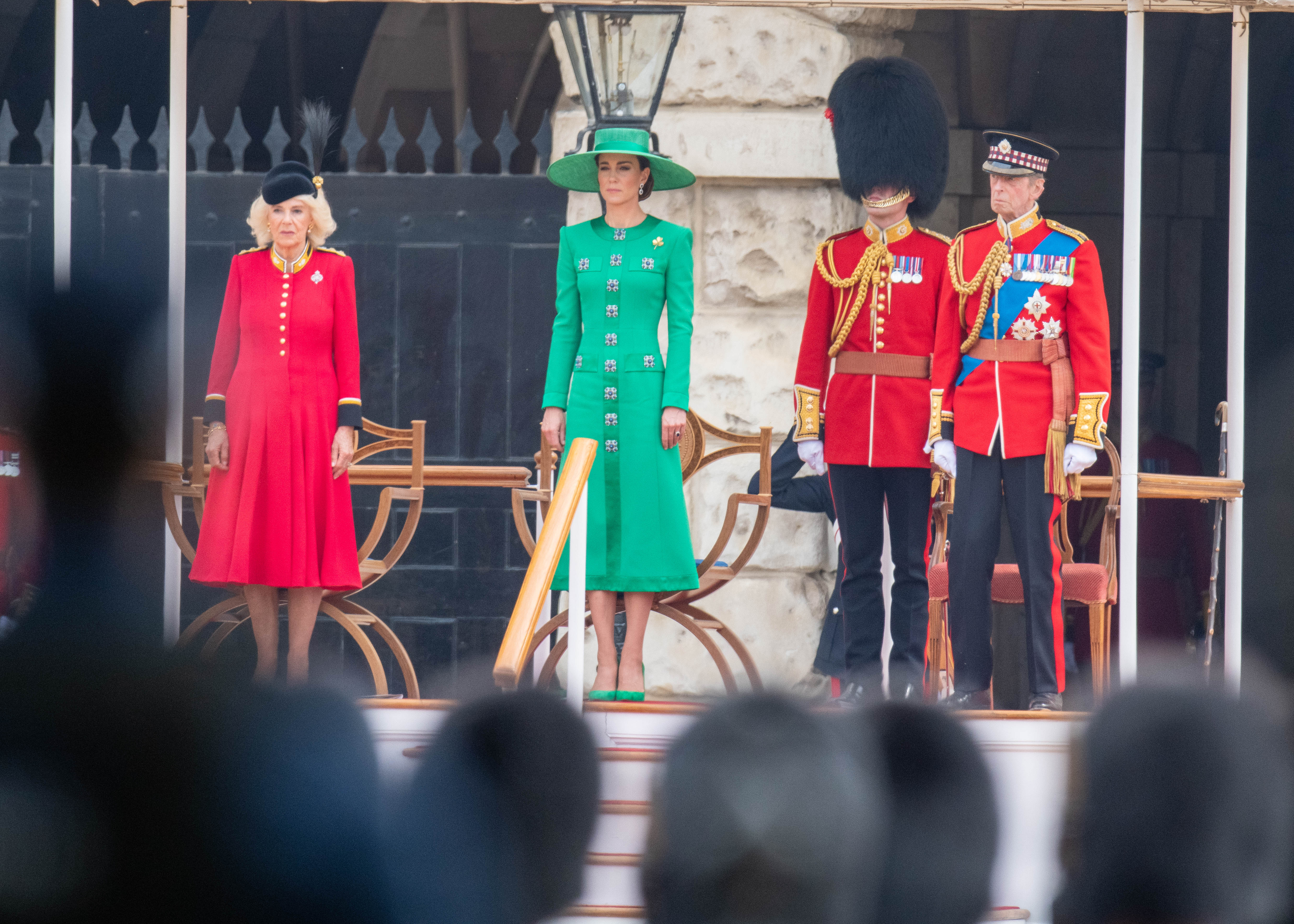 LONDON, ENGLAND - JUNE 17: Queen Camilla, Catherine, Princess of Wales and the Duke of Kent during Trooping the Colour on June 17, 2023 in London, England. Trooping the Colour is a traditional parade held to mark the British Sovereign&amp;amp;apos;s official birthday. It will be the first Trooping the Colour held for King Charles III since he ascended to the throne. (Photo by Antony Jones/Getty Images)