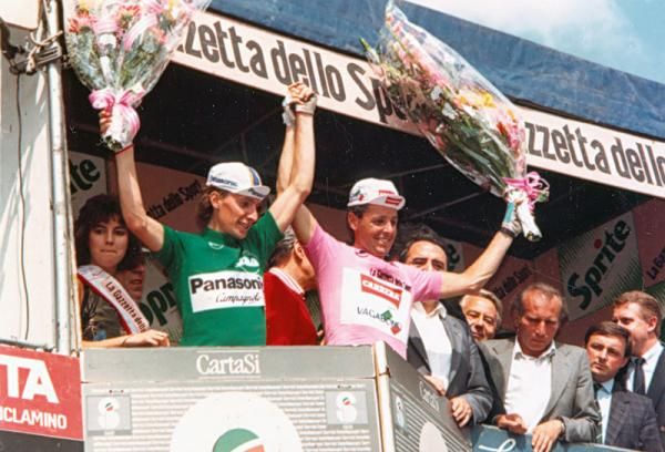 Mountains leader and eventual runner-up Robert Millar, left, and Giro leader Stephen Roche would form an alliance of sorts in the 1987 Giro endgame.