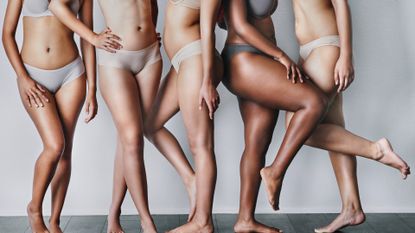 Studio shot of unrecognizable women posing against a grey background in underwear