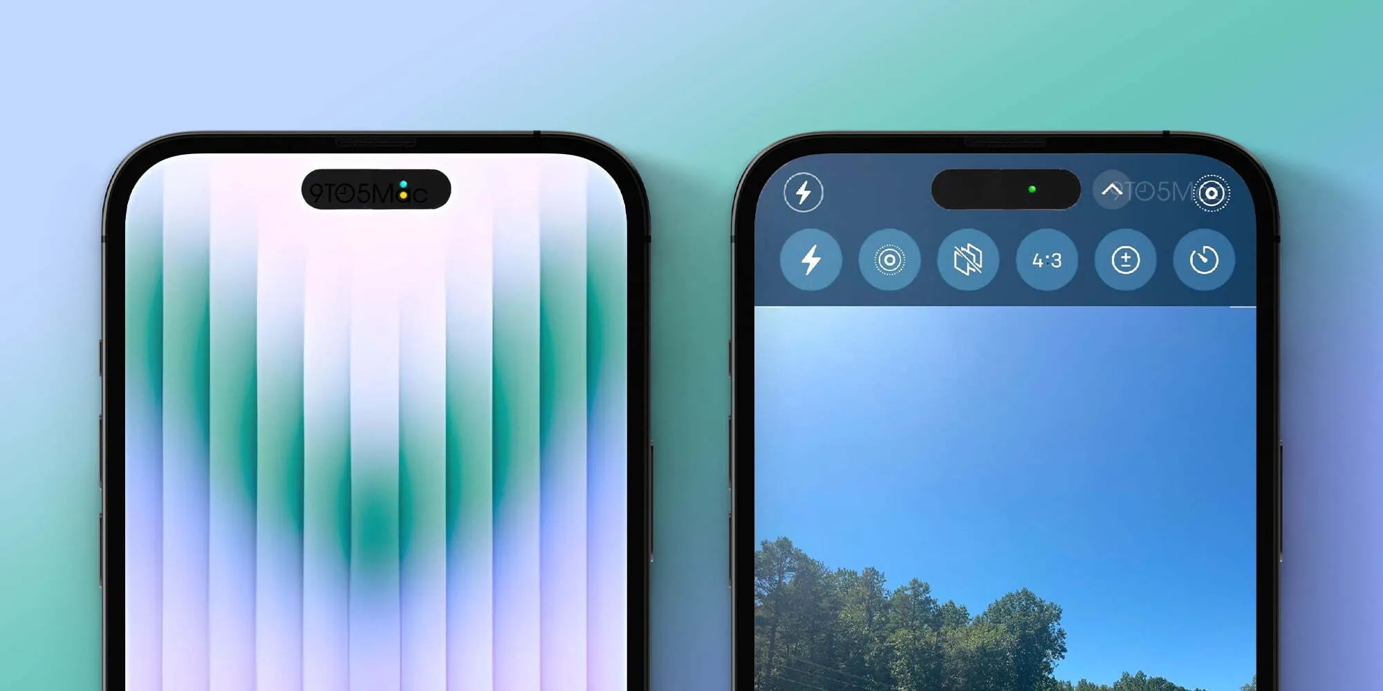 A mockup of the iPhone 14 Pro's privacy indicator lights and new camera UI, by 9to5Mac