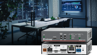 The new Extron solution super imposed over a dimly lit conference room. 