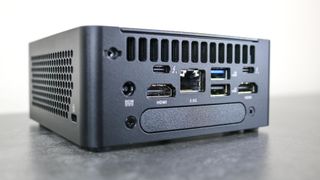 An angled shot of the Asus NUC 14 Pro's rear ports