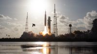 NASA&rsquo;s Space Launch System rocket carrying the Orion spacecraft with NASA astronauts Reid Wiseman, commander; Victor Glover, pilot; Christina Koch, mission specialist; and CSA (Canadian Space Agency) astronaut Jeremy Hansen, mission specialist onboard launches on the Artemis II mission, Wednesday, April 1, 2026, from Launch Complex 39B at NASA&rsquo;s Kennedy Space Center in Florida. NASA&rsquo;s Artemis II mission will take Wiseman, Glover, Koch, and Hansen on a 10-day journey around the Moon and back aboard their Orion spacecraft. The quartet launched at 6:35 p.m. EDT, from Launch Complex 39B at the Kennedy Space Center. Photo Credit: (NASA/Joel Kowsky)