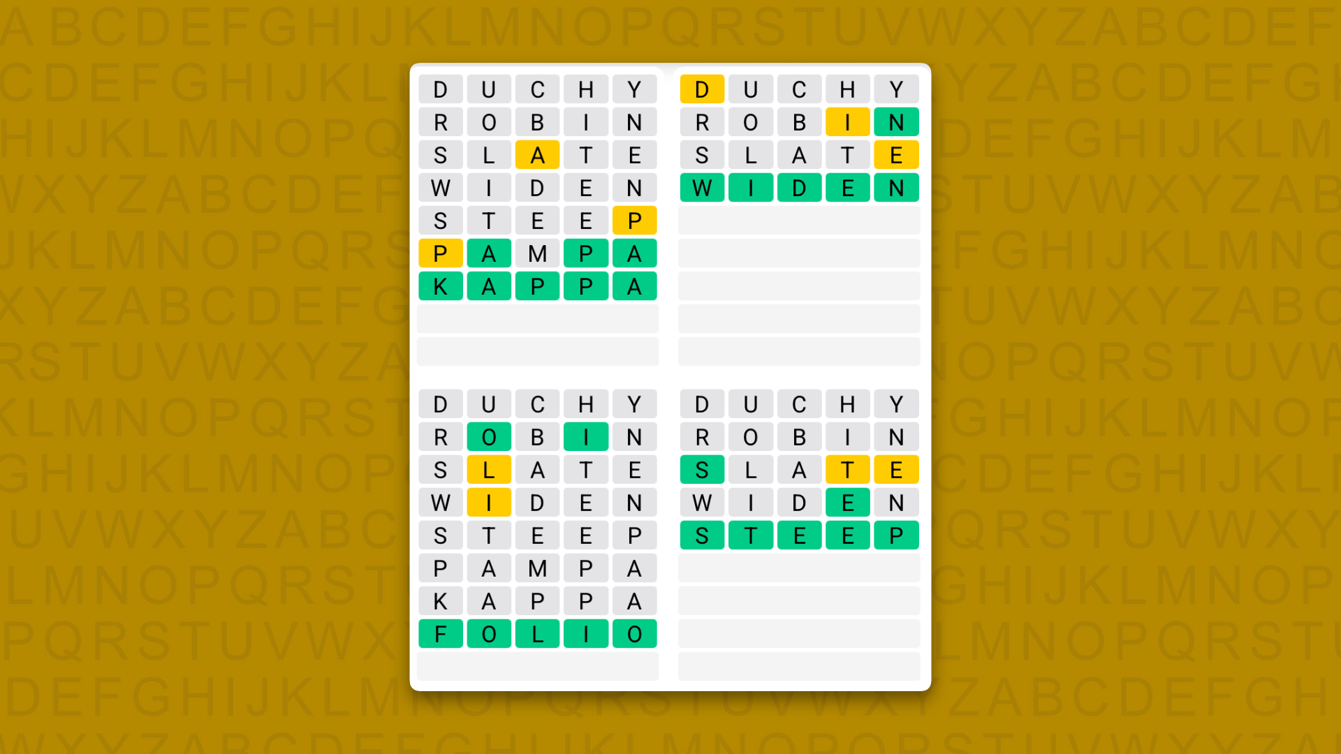 Quordle answers for game 1658 on a yellow background