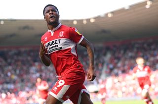 Chuba Akpom celebrates after scoring the second Boro goal during the Sky Bet Championship between Middlesbrough and Sheffield United at Riverside Stadium on August 14, 2022 in Middlesbrough, England.