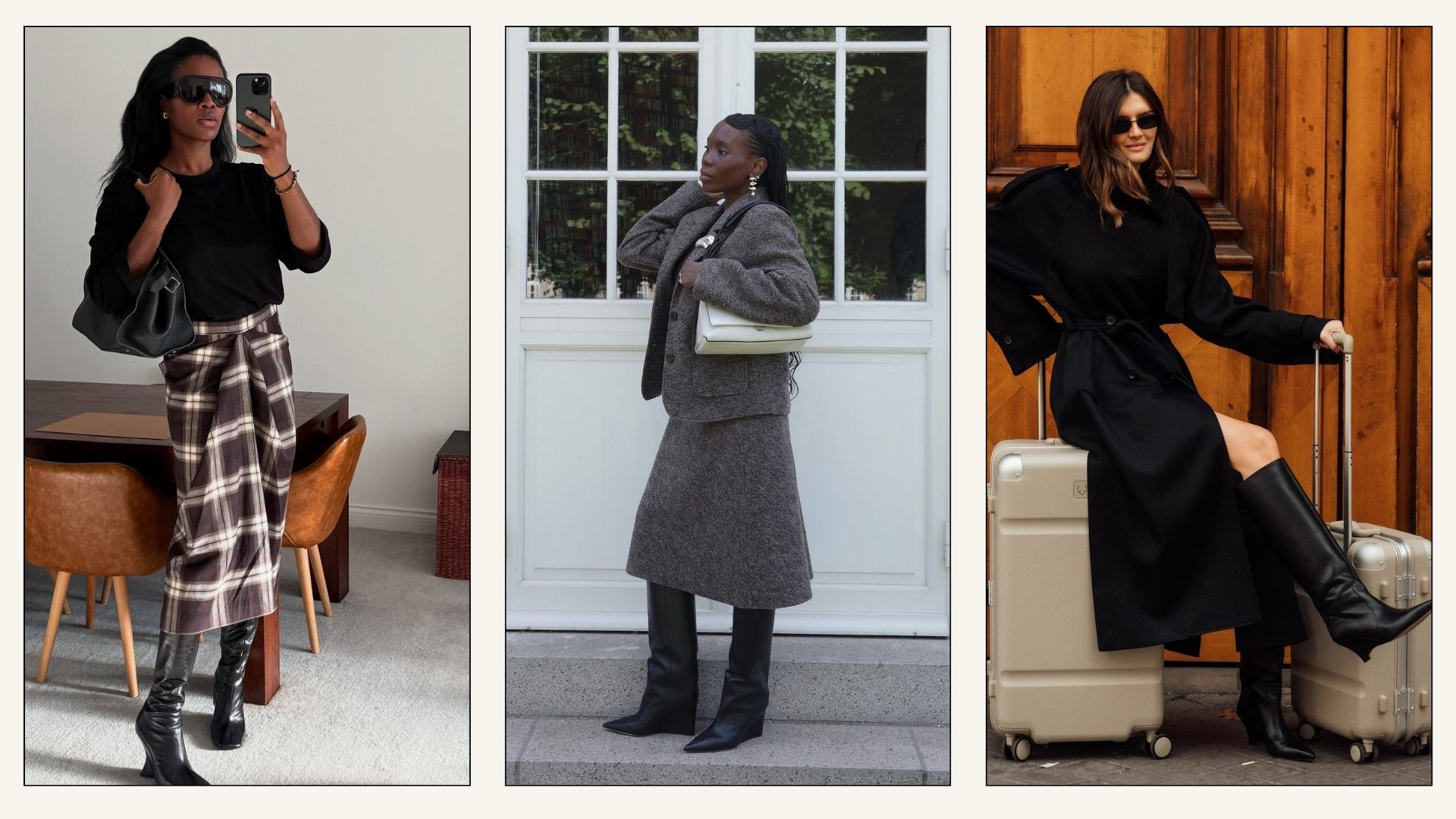 Collage of influencers wearing wedge boots with skirts.