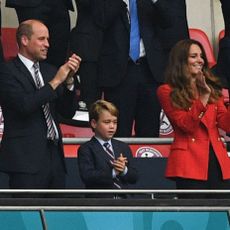 topshot l to r prince william, duke of cambridge, prince george of cambridge, and catherine, duchess of cambridge, celebrate the first goal in the uefa euro 2020 round of 16 football match between england and germany at wembley stadium in london on june 29, 2021 photo by justin tallis pool afp photo by justin tallispoolafp via getty images