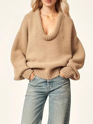 Livtany Women’s Oversized Ribbed Deep V Neck Sweater Long Sleeve Drop Shoulder Pullover Top Casual 2024 Trendy Fall Clothing Khaki