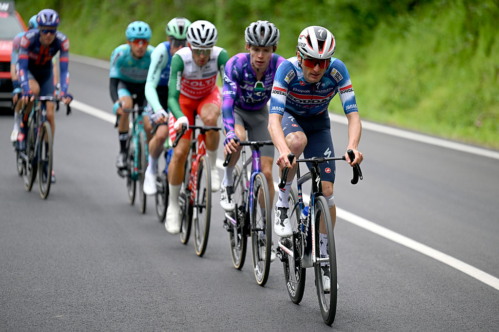 TAGLIACOZZO MARSIA ITALY MAY 16 Gianmarco Garofoli of Italy and Team Soudal QuickStep leads the peloton during the 108th Giro dItalia 2025 Stage 7 a 168km stage from Castel di Sangro to Tagliacozzo Marsia 1424m UCIWT on May 16 2025 in Tagliacozzo Marsia Italy Photo by Tim de WaeleGetty Images