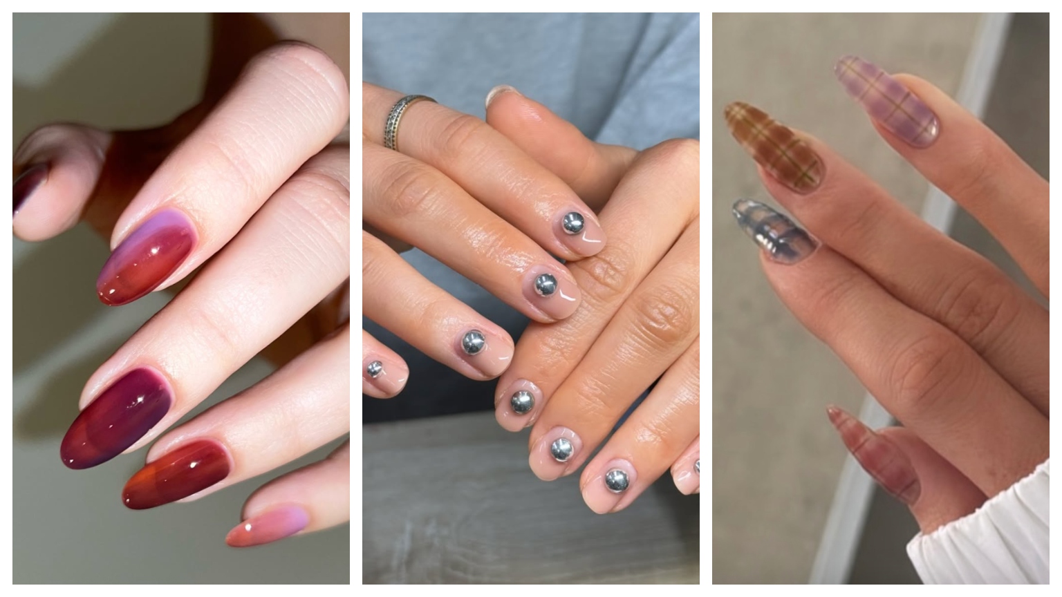 three holiday manicures in a straight grid pattern