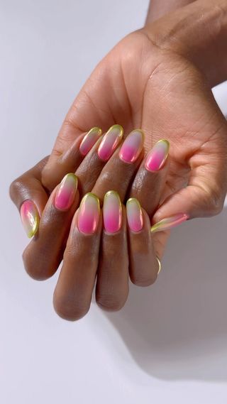 Pink and green ombre chrome nails