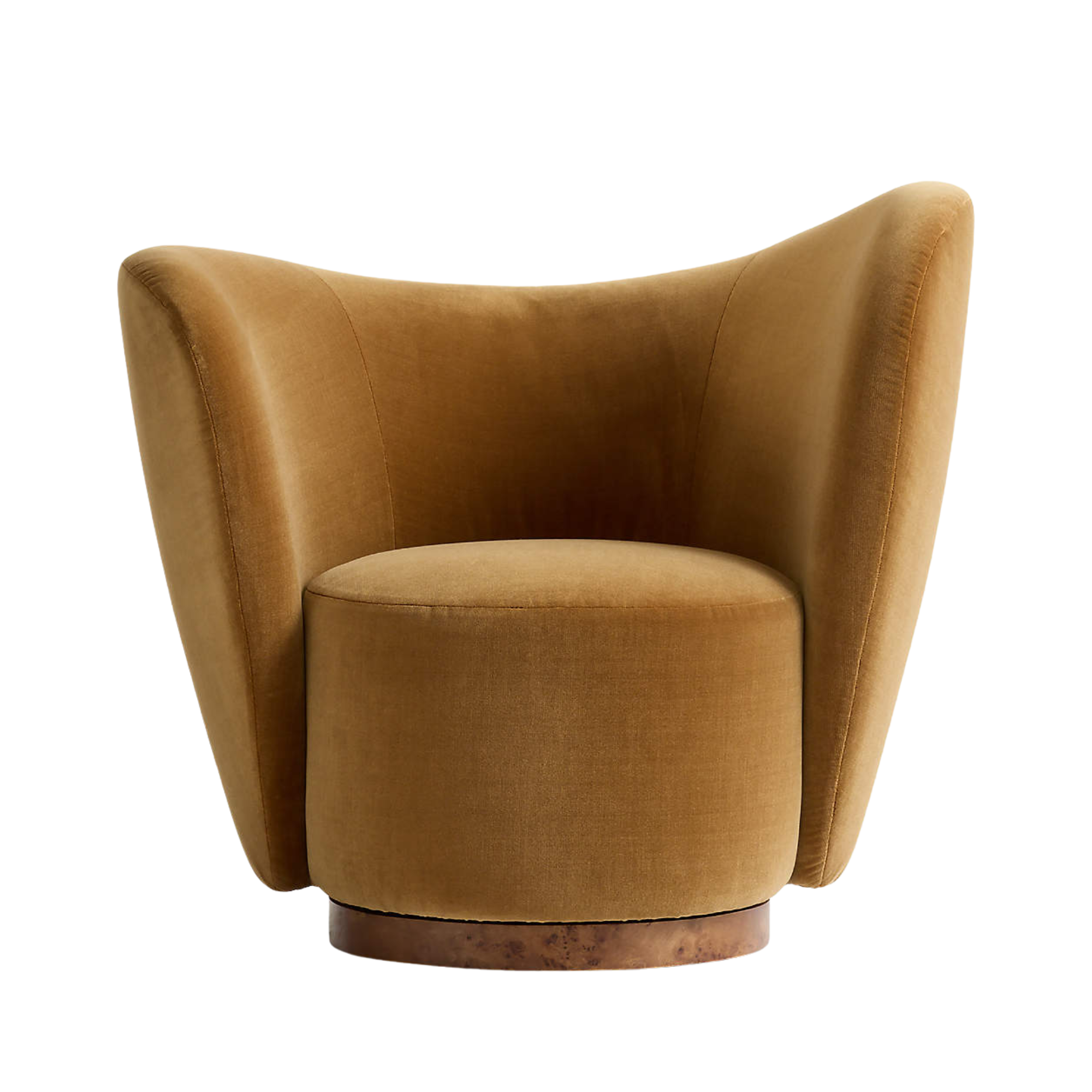 a cognac accent chair with a curved silhouette