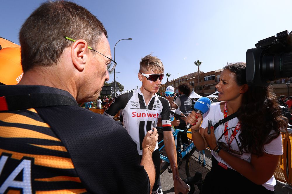 Wilco Kelderman talks with media after stage 7 at the 2018 Vuelta