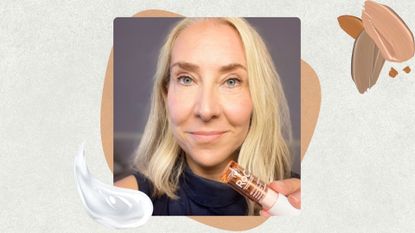 journalist Caroline Brien pictured with blonde bobbed hair and a black turtleneck holding roc vitamin C stick 