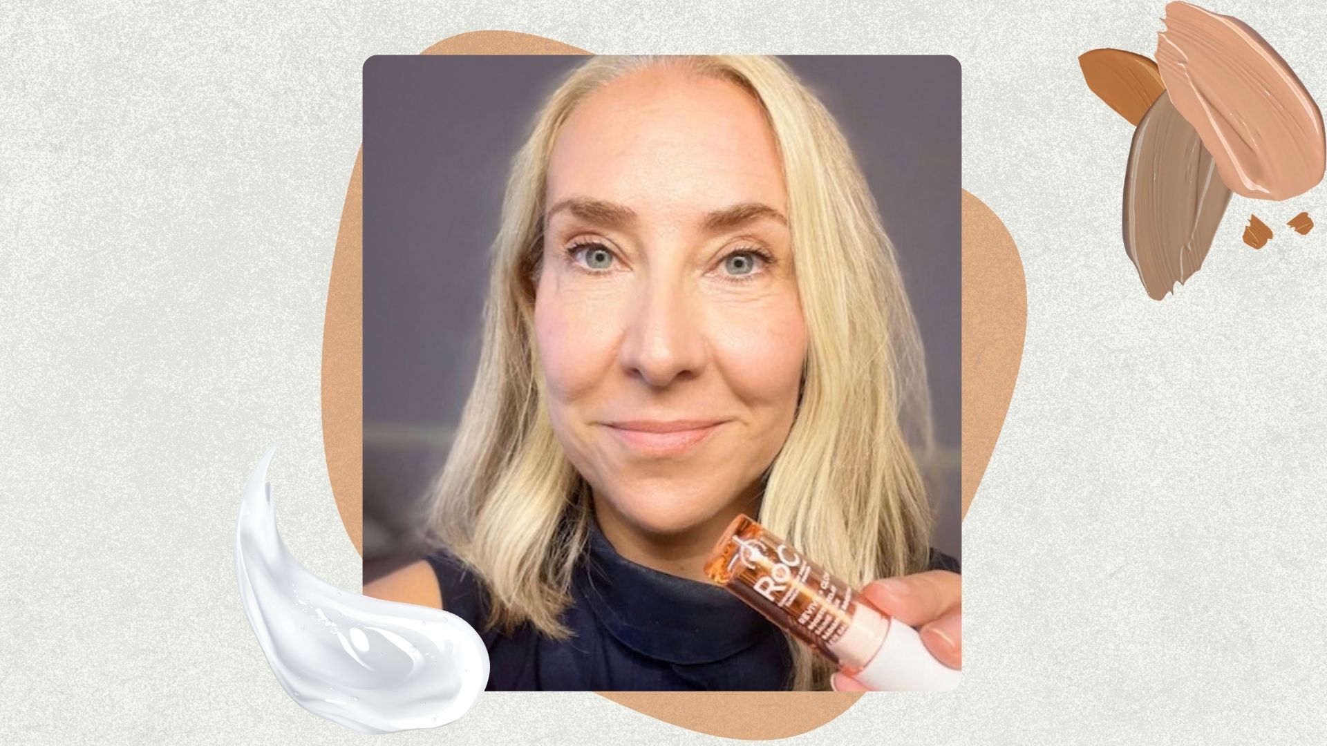 journalist Caroline Brien pictured with blonde bobbed hair and a black turtleneck holding roc vitamin C stick 